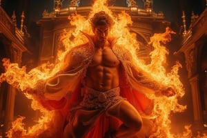 A photorealistic 8k RAW photo capturing a full-body, muscular man with a handsome face and tan skin. He wears a Victorian Inverness cape, which is completely engulfed in flames, and dances and jumps at the opera house, unfazed by the fire. The scene is a masterpiece, ultra-detailed, with sharp focus on his attire and the intricate flames. High contrast lighting highlights his tan skin and the dramatic setting. Seeds: 1667390288.