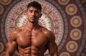 Full-body shot of a muscular man with a handsome face, tan skin, short black hair, and clean-shaven face, standing within a kaleidoscopic environment. Ultra-detailed, 8k photorealistic, big pectorals, RAW photo. The man is framed in the center, surrounded by vibrant, swirling patterns of a giant kaleidoscope. Soft, ambient lighting highlights his muscular physique and the intricate details of the kaleidoscopic background.