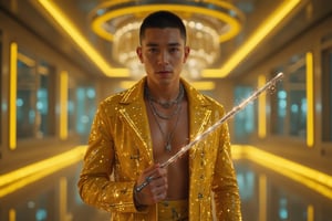 A futuristic rendition of handsome boy in a neon-lit dystopian cityscape. His outfit is a shimmering combination of yellow latex and glowing silver circuitry, holds sparkle long whips. The setting is a futuristic ballroom with floating chrome chandeliers and neon yellow light strips running along the walls. Bright yellow and golden spots. Ultra-detailed, masterpiece, 8k photorealistic, large pectorals, RAW photo.