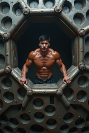 Full-body shot of a muscular man with a handsome face, tan skin, short black hair, clean-shaven face, trapped in the central hexagonal cell of a massive honeycomb-like structure made of metal, each cell just large enough to accommodate one person from head to toe, with each side measuring one meter, precise and intricate connections, attempting to climb out of the cell to escape. Ultra-detailed, masterpiece, best quality, sharp focus, 8k photorealistic, RAW photo, Dynamic lighting and sharp focus on the subject, with intricate details and depth of field, showcasing the unique metal architecture and the man's predicament within it.