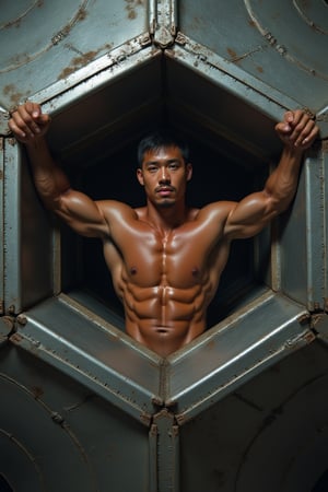 Full-body shot of a muscular man with a handsome face, tan skin, short black hair, clean-shaven face, trapped in the central hexagonal cell of a massive honeycomb-like structure made of metal, each cell just large enough to accommodate one person, with precise and intricate connections, gripping the upper outer edges of the cell as if trying to climb out. Ultra-detailed, masterpiece, best quality, sharp focus, 8k photorealistic, RAW photo, seeds: 1667390288. Dynamic lighting and sharp focus on the subject, with intricate details and depth of field, showcasing the unique metal architecture and the man's predicament within it.