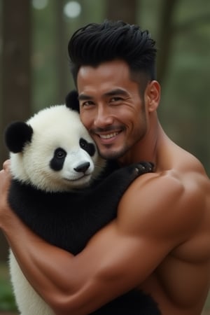 Photorealistic 8k RAW photo of a full-body muscular man with a handsome face and tan skin, sporting short black hair and a clean-shaven face, undercut hairstyle, no beard. He has a smirk on his face, embracing a panda from behind. The image is ultra-detailed with high-resolution clarity, natural lighting, and a focused composition on his affectionate pose and muscular physique.