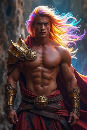 A photorealistic, 8k, ultra-detailed image of a sexy male war mage with bright windswept rainbow prismatic holographic hair. The mage boasts a perfect athletic build, muscular shoulders, and a golden intricate pauldrons. His muscular chest and six-pack abs are partially covered by a shrug, while his muscular legs are accentuated by a short kilt with side slits. The mage's handsome face features a determined look, capturing his readiness for battle. The image showcases the intricate details of his attire and the dynamic flow of his holographic hair, creating a visually striking and hyper-detailed representation.