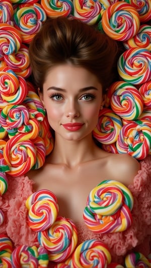 Audrey Hepburn lying among a ton of Rainbow Swirl Lollipops