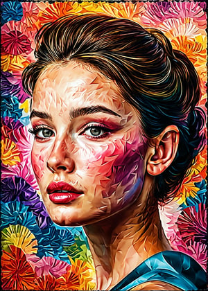 Audrey Hepburnzl's face within a vivid and abstract collage of colors and patterns). (The composition includes variety of fractal curvy patterns), all in bright and contrasting colors, extreamly delicated and beautiful,8K,ultra-fine pointillism,an indescribable atmosphere,(paper cutout picture style:1.2),