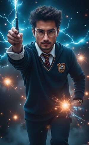 a handsome men, uniform of the Hogwarts School. glasses, holds his Magic Wand, surrounded by flashing blue electricity that crackles with energy, full body. Starry Sky, Galaxy,nebula, magical sky. Ultra-detailed, masterpiece, 8k photorealistic, RAW photo.