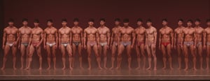 multiple views, handsome men, various swimming suit. The backdrop is a gorgeous stage of Paris fashion show, full body. Ultra-detailed, masterpiece, 8k photorealistic, big pectorals, RAW photo.