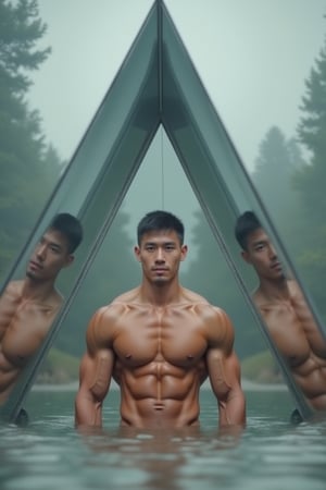 View from one end of a triangular prism constructed with three mirrors, each 10 meters long and wide, showing a full-body muscular man with a handsome face, tan skin, short black hair, trapped inside the mirrored structure, with no external scenery visible. Ultra-detailed, masterpiece, best quality, sharp focus, 8k photorealistic, RAW photo, seeds: 1667390288. Dynamic lighting and sharp focus on the subject, with intricate details and depth of field, showcasing the reflective environment and the man's predicament within it.