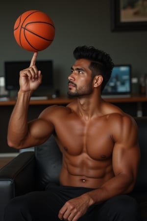 Photorealistic 8k RAW photo of a full-body muscular man with a handsome face and tan skin, sporting short black hair and a clean-shaven face, undercut hairstyle, no beard. He is seated on a black couch, with his left hand raised in the air, balancing an orange basketball on his index finger. His eyes are focused on the basketball, looking to the right. The background is blurred, featuring a wooden desk and computer monitor. The image is ultra-detailed with high-resolution clarity, natural lighting, and a focused composition on his dynamic pose and muscular physique.