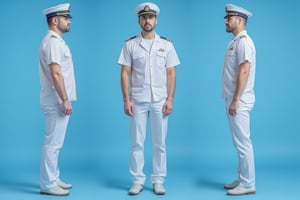 multiple views, a handsome man, sailors summer dress uniform, simple background, bright blue background, full body