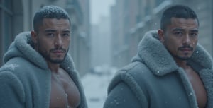 A majestic shot of a dashing man, dressed in a soft blue, fluffy hooded coat and hat, stands proudly, as snowflakes gently fall around him. The camera captures his chiseled features and broad shoulders in full-body view, showcasing his impressive pectorals. In stunning 8K photorealistic detail, every aspect of this masterpiece is rendered in ultra-high definition RAW photo quality.