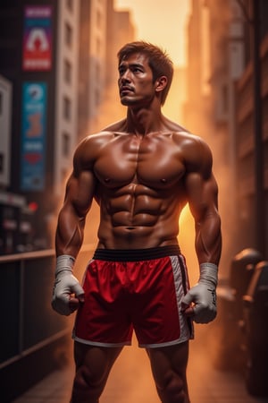 In a gritty, neon-lit cityscape at dusk, Rocky Balboa stands tall, fists clenched, and eyes blazing with determination. He wears his iconic red boxing trunks, white gloves, and a rugged expression. The background blurs into a haze of urban chaos, with towering skyscrapers and billboards reflecting the fiery colors of the setting sun.

Lighting: Soft, golden glow from above, accentuating Rocky's chiseled features, contrasted by deep shadows on his face and torso, adding depth and intensity to his rugged demeanor. The cityscape behind him is bathed in a warm orange hue, with highlights of blue and purple, creating a sense of gritty realism.

Composition: Rocky's figure dominates the center, with his arms outstretched and legs spread wide, as if ready to pounce into action. His face is tilted upwards, gazing directly at the viewer, exuding confidence and defiance. The surrounding cityscape recedes into the background, creating a sense of depth and dimensionality.

Keywords: Rocky Balboa, boxing, grit, determination, urban, neon, 8K photorealistic, RAW photo.