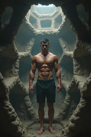 Full-body shot of a muscular man with a handsome face, tan skin, short black hair, clean-shaven face, trapped in the central hexagonal cell of a massive honeycomb-like structure of interconnected hexagonal buildings, each cell just large enough to accommodate one person, with his limbs pressed against the cell walls. Ultra-detailed, masterpiece, best quality, sharp focus, 8k photorealistic, RAW photo, seeds: 1667390288. Dynamic lighting and sharp focus on the subject, with intricate details and depth of field, showcasing the unique architecture and the man's predicament within it.
