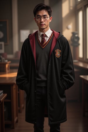 a handsome men, uniform of the Hogwarts School. glasses, in a classroom of Hogwarts School, sunny day, full body. Ultra-detailed, masterpiece, 8k photorealistic, RAW photo.