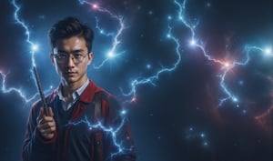 a handsome men, uniform of the Hogwarts School. glasses, holds his Magic Wand, surrounded by flashing blue electricity that crackles with energy, full body. Starry Sky,Beautiful stars,Galaxy,nebula,Big Star,magical sky. Ultra-detailed, masterpiece, 8k photorealistic, RAW photo