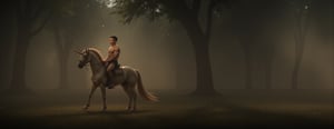 Full-body muscular man with a handsome face, tan skin, short black hair, clean-shaven face, undercut hairstyle, riding on a unicorn in a fairy magic night, the unicorn is leisurely strolling through a magical and peaceful forest with flying fireflies. The forest Palace stretches endlessly. 
 Ultra-detailed, masterpiece, best quality, sharp focus 8k photorealistic, large pectorals, RAW photo.