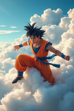 A high-resolution, 4K, 8K masterpiece featuring Son Goku riding on a cloud in a dynamic movement pose, captured in ultra-fine deep Ultramarine HDR. The scene showcases ultra-detailed photorealism with soft natural volumetric cinematic lighting, rendered in a digital illustration and digital painting style. The full-body figure is enhanced with fantasy details and an oil painting effect, embodying a fantasy art style. The composition highlights intricate details and vibrant colors, creating a visually stunning and immersive experience.