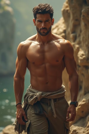 Monet-inspired portrait of a handsome muscular man, rendered in hyper-realistic photography with an oil painting effect. The image features a blurry background, dynamic movement poses, and full-body detail. Achieved in high resolution (4K, 8K), the artwork showcases ultra-detailed, photorealistic textures under soft, natural, volumetric cinematic lighting. The composition blends digital illustration and digital painting techniques, enhancing the fantasy art style with intricate details.