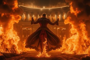 A photorealistic 8k RAW photo capturing a full-body, muscular man with a handsome face and tan skin. He wears a Victorian Inverness cape and dances and jumps at the opera house, which is completely engulfed in flames, unfazed by the fire. The scene is a masterpiece, ultra-detailed, with sharp focus on his attire and the intricate flames. High contrast lighting highlights his tan skin and the dramatic setting. Seeds: 1667390288.