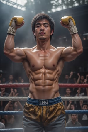 In a gritty, sun-scorched boxing arena, Rocky Balboa stands triumphantly, his sweat-drenched face set in a determined snarl. His iconic blue and yellow trunks gleaming, he raises his arms in victory as the crowd erupts around him. The background blur of a Philadelphia cityscape adds depth to this ultra-realistic, 8K photorealistic image, while Rocky's powerful physique radiates confidence and grit. RAW photo quality ensures every detail, from the creases on his worn-out gloves to the individual fibers of his worn denim shorts, is meticulously rendered.