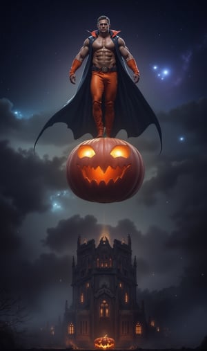 In this breathtaking masterpiece, a muscular handsome man dons a goregous orange vampire suit, effortlessly standing on his futuristic flying  jack-o-lantern through the urban skies, against a backdrop of a haunted huge castle,. The scene is set against a nebula and sparkle starry night sky. Ultra-detailed, masterpiece, best quality, sharp focus, 8k photorealistic, RAW photo. Dynamic lighting and sharp focus on the subject, with intricate details and depth of field, showcasing the futuristic atmosphere. 