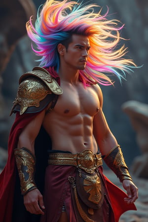 A photorealistic, 8k, ultra-detailed image of a sexy male war mage with bright windswept rainbow prismatic holographic hair. The mage boasts a perfect athletic build, muscular shoulders, and a golden intricate pauldrons. His muscular chest and six-pack abs are partially covered by a shrug, while his muscular legs are accentuated by a short kilt with side slits. The mage's handsome face features a determined look, capturing his readiness for battle. The image showcases the intricate details of his attire and the dynamic flow of his holographic hair, creating a visually striking and hyper-detailed representation.