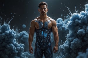 A full-body shot of a muscular man with a handsome face and tan skin, wearing a liquid suit made of surreal ink. The epic composition features ink diffusion and splashes, with coolant flowing around him. The lighting is dynamic, highlighting the fluid textures and motion. The man stands confidently, with the liquid suit clinging to his form, creating a striking contrast against the background.