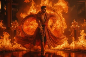 A photorealistic 8k RAW photo capturing a full-body, muscular man with a handsome face and tan skin. He wears a Victorian Inverness cape and dances at the opera house, which is completely engulfed in flames, unfazed by the fire. The scene is a masterpiece, ultra-detailed, with sharp focus on his attire and the intricate flames. High contrast lighting highlights his tan skin and the dramatic setting. Seeds: 1667390288.