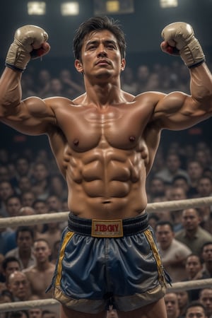 In a gritty, sun-scorched boxing arena, Rocky Balboa stands triumphantly, his sweat-drenched face set in a determined snarl. His iconic blue and yellow trunks gleaming, he raises his arms in victory as the crowd erupts around him. The background blur of a Philadelphia cityscape adds depth to this ultra-realistic, 8K photorealistic image, while Rocky's powerful physique radiates confidence and grit. RAW photo quality ensures every detail, from the creases on his worn-out gloves to the individual fibers of his worn denim shorts, is meticulously rendered.