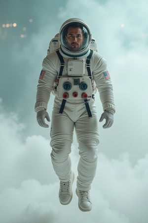 Photorealistic 8k RAW photo of a full-body muscular man with a handsome face and tan skin, wearing an astronaut space suit and glass helmet, floating in the air against a transparent background. The image is ultra-detailed with high-resolution clarity, natural lighting, and a focused composition on his futuristic attire and the ethereal backdrop.