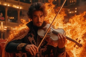 A photorealistic 8k RAW photo capturing a full-body, muscular man with a handsome face and tan skin. He wears a Victorian Inverness cape and plays a white violin engulfed in flames at the opera house, unfazed by the fire. The scene is a masterpiece, ultra-detailed, with sharp focus on his attire and the intricate flames. High contrast lighting highlights his tan skin and the dramatic setting. Seeds: 1667390288.