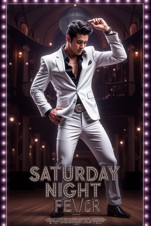 Create a movie poster for a film titled "Saturday Night Fever", White suit, black shirt, right hand rises up, dynamic dance pose, dance hall, disco ball. The film's title, "Saturday Night Fever," is large at the bottom in shiny letters. full body. Ultra-detailed, masterpiece, 8k photorealistic, RAW photo.