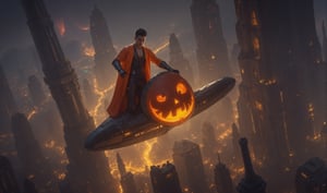 In this breathtaking masterpiece, a muscular handsome man dons a goregous orange and black vampire suit, effortlessly standing on his futuristic flying  jack-o-lantern through the urban skies, The background shifts between vibrant colors, the colorful glow of magic and ancient cities, blending together seamlessly. Ultra-detailed, masterpiece, best quality, sharp focus, 8k photorealistic, RAW photo. Dynamic lighting and sharp focus on the subject, with intricate details and depth of field, showcasing the futuristic atmosphere. 