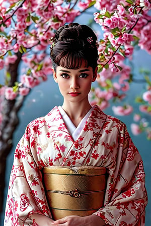 Audrey Hepburn portrayed as a traditional Japanese royal princess, wearing an elaborate kimono, standing under a tree laden with blooming cherry blossoms. The scene is captured in ultra-high resolution, either 4K or 8K, with deep Ultramarine HDR enhancing every detail. Soft, natural volumetric cinematic lighting highlights the full-body composition, blending intricate fantasy art elements with oil painting effects to achieve a photorealistic appearance.