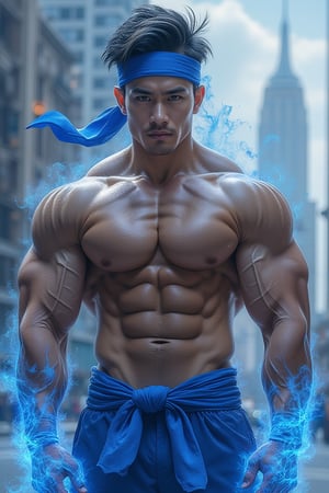 A low-angle, close-up shot of a muscular man wearing a royal blue headband and royal blue belt, complemented by royal blue wristbands engulfed in blue flames. His vibrant black hair and focused eyes are highlighted against a city background, creating a striking contrast. The image features little sunny elements and a watercolor aesthetic, with sharp focus on big pectorals. Rendered in 8k, the ultra-detailed representation captures the man's dynamic and powerful presence.