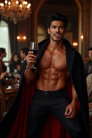 Full-body shot of a muscular man with a handsome face, tan skin, short black hair, clean-shaven face, and undercut hairstyle, as a vampire, with open mouth, shows his fangs, his cape dramatically billowing, holding a glass of deep red wine, living a luxurious life in an ancient yet opulent castle. Ultra-detailed, masterpiece, best quality, sharp focus, 8k photorealistic, RAW photo, seeds: 1667390288. Dynamic lighting and sharp focus on the subject, with intricate details and depth of field, showcasing the vampire's lavish surroundings and dramatic pose.