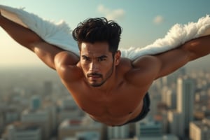 Photorealistic 8k RAW photo of a full-body muscular man with a handsome face and tan skin, sporting short black hair and a clean-shaven face, undercut hairstyle, no beard. He is flying over a city with wings, showcasing dynamic movement and athletic prowess. The image is ultra-detailed with high-resolution clarity, natural lighting, and a focused composition on his powerful pose and the urban backdrop.