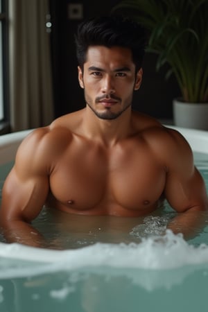 Create a hyper-detailed 8k image of a full-body muscular man with a handsome face and tan skin, short black hair, and a clean-shaven face, fully immersed in a bathtub. The image should capture the entire bathtub, emphasizing his big pectorals and overall physique. The lighting should be soft and natural, enhancing the detailed textures of his skin and the water. The composition should be visually striking, focusing on the contrast between his muscular build and the serene water. Use seeds:1667390288 for consistency.