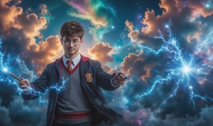 a handsome men, uniform of the Hogwarts School. glasses, holds his Magic Wand, surrounded by flashing blue electricity that crackles with energy, full body. magic sky, fantasy landscape, colorful clouds, vibrant colors, ethereal atmosphere. Ultra-detailed, masterpiece, 8k photorealistic, RAW photo