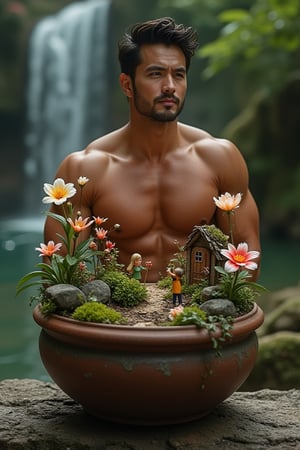 Photorealistic 8k RAW photo of a full-body muscular man with a handsome face and tan skin, placed within a pot that reveals a hidden realm of fairy tales. The scene features tiny blooms, a secret garden, and minuscule beings crafted from twigs and leaves, all set against the backdrop of a cascading waterfall. The image is ultra-detailed with high-resolution clarity, natural lighting, and a focused composition on the enchanting miniature world and the man's presence within it.