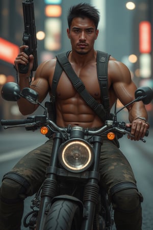 A photorealistic 8k RAW photo capturing a full-body, muscular man with a handsome face and tan skin. He has short black hair, an undercut hairstyle, and a clean-shaven face, wearing camouflage pants, holding a machine gun in his right hand while riding an off-road motorcycle through a city. His left hand grips the motorcycle handlebar, and he has a large ammunition belt slung over his shoulder. The cityscape features neon lights with a cyberpunk vibe. The scene is ultra-detailed, with sharp focus on his big pectorals and the intricate details of the motorcycle and urban environment. High contrast lighting highlights his tan skin and the vibrant colors. Seeds: 1667390288.