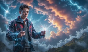 a handsome men, uniform of the Hogwarts School. glasses, holds his Magic Wand, surrounded by flashing blue electricity that crackles with energy, full body. magic sky, fantasy landscape, colorful clouds, vibrant colors, ethereal atmosphere. Ultra-detailed, masterpiece, 8k photorealistic, RAW photo