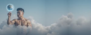 Photorealistic 8k RAW photo of a full-body muscular man with a handsome face and tan skin, sporting short black hair and a clean-shaven face, undercut hairstyle, no beard. He is seated on among of clouds, with his left hand raised in the air, balancing a splendent big earth on his index finger. His eyes are focused on the earth. The clouds scenery without limits. The image is ultra-detailed with high-resolution clarity, natural lighting, and a focused composition on his dynamic pose and muscular physique.