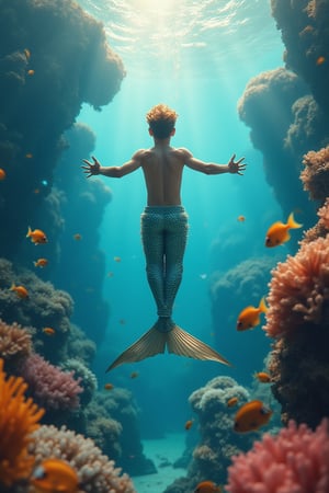 A hyper-realistic, photorealistic portrait of a handsome male mermaid boy swimming through a vibrant coral reef, surrounded by colorful fish and sea creatures. The image combines the realism of photography with the artistic touch of an oil painting, featuring a blurry effect that adds depth and a sense of dynamic movement. The boy's pose captures the fluidity of underwater motion, enhanced by soft, natural volumetric cinematic lighting. This masterpiece is rendered in high-resolution 4K or 8K, showcasing ultra-detailed textures and a vintage style reminiscent of an analog photo. The digital illustration and digital painting techniques blend seamlessly, creating a full-body, fantasy-detailed scene with an oil painting effect, embodying a fantasy art style.