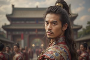 Photorealistic 8k RAW photo featuring a handsome man is dressing in the Three Kingdoms era. His long hair is pulled back in a ponytail. His lips slightly parted, conveying concentration, looking back at the viewer. The backdrop is a Chinese Imperial Palace. The image is ultra-detailed with high-resolution clarity, natural lighting, and a focused composition on his expressive face and attire.