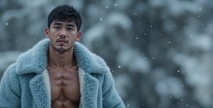 A majestic shot of a dashing man, dressed in a soft blue, fluffy hooded coat, stands proudly, as snowflakes gently fall around him. The camera captures his chiseled features and broad shoulders in full-body view, showcasing his impressive pectorals. In stunning 8K photorealistic detail, every aspect of this masterpiece is rendered in ultra-high definition RAW photo quality.