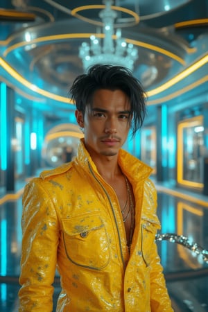 A futuristic rendition of handsome boy in a neon-lit dystopian cityscape. His outfit is a shimmering combination of yellow latex and glowing silver circuitry, holds sparkle long whips. The setting is a futuristic ballroom with floating chrome chandeliers and neon yellow light strips running along the walls. Bright blue and silver spots. Ultra-detailed, masterpiece, 8k photorealistic, large pectorals, RAW photo.