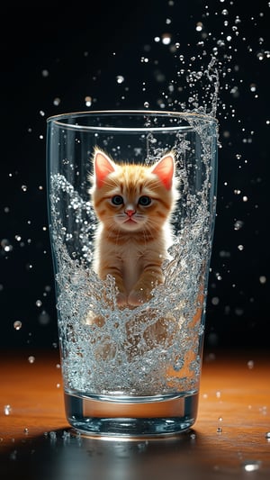 Ultra realistic illustration. Macro view,water explosion on a glass BREAK scattering of water particles as flow of electricity BREAK a small cute orange British Shorthair is inside the glass.amazing details, perfect lighting and  reflections,unreal engine 5, RTX on,ultra HD, 8k, intricate, masterpiece