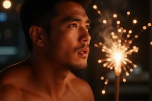 Photorealistic 8k RAW photo of a close-up of a full-body muscular man with a handsome face and tan skin, sporting short black hair and a clean-shaven face, undercut hairstyle, no beard. A golden fish firework is close to his face, illuminating it in the dark. The image is ultra-detailed with high-resolution clarity, natural lighting, and a focused composition on his awe-inspired expression and the mesmerizing firework.