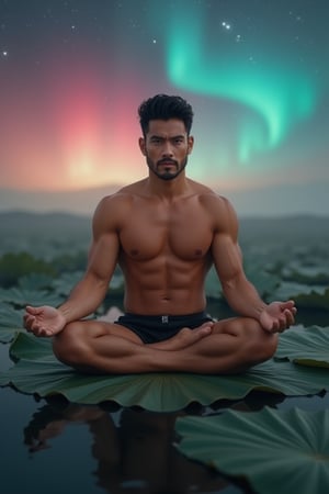 Photorealistic 8k RAW photo of a full-body muscular man with a handsome face and tan skin, sporting short black hair and a clean-shaven face, undercut hairstyle, no beard. He is sitting on a large lotus leaf above water, in a meditating pose, with a beautifully colored aurora as the background. The image is ultra-detailed with high-resolution clarity, natural lighting, and a focused composition on his serene expression and the ethereal backdrop.